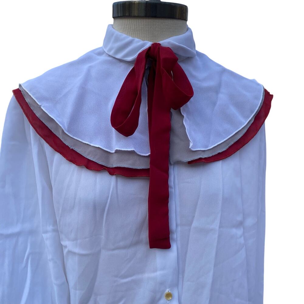 Vintage Chiffon Puritan Tie Neck Collared Blouse Red White Size M/L Union Made